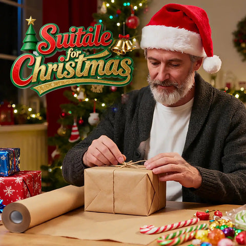 Man wrapping box with Brown Kraft Paper Roll 17.5 By 1200 Inches For Gift Wrapping And DIY Craft Projects 70 GSM 50 Lb