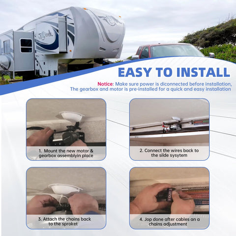 Installation guide for 225008 RV Slide Out Motor And Gear Housing For 12V Accu Slide System Replacement For R25075 High Torque Motor And R25076 Gearbox