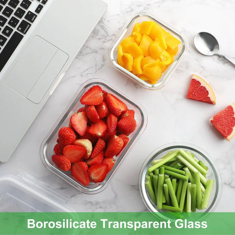 18 Piece Glass Food Storage Set With Lids For Meal Prep, Airtight And Leak Proof Containers filled with fruits and veggies