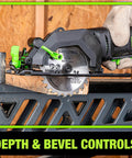 Genesis Mini Circular Saw 4.0 Amp 4-1/2 Inch with 24-Tooth Carbide Blade shown with depth and bevel controls in use