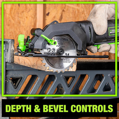 Genesis Mini Circular Saw 4.0 Amp 4-1/2 Inch with 24-Tooth Carbide Blade shown with depth and bevel controls in use