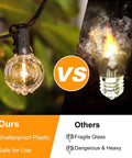 Comparison of 100 Foot Outdoor G40 LED Globe String Lights and typical bulb showing shatterproof LED and fragile glass.