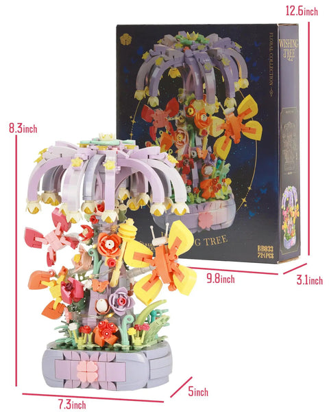 Dope Flower Building Blocks Kit For Adults Women With Artificial Flowers Craft Set Featuring A Butterfly Wishing Tree Design, 12.6in