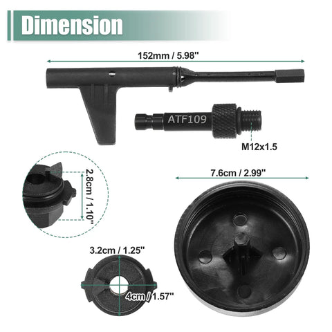 Dimensions and components of 4 Piece Transmission Oil Filling Tool Adapter Set For Mercedes Benz 2015 And Up 725 Gearbox 9 Speed ATF Drain.