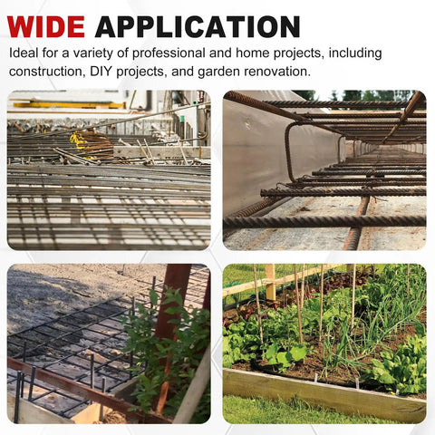 Heavy Duty Manual Rebar Bender For 5/8 Inch Steel Rod in construction and gardening projects, showcasing steel bars and plants.