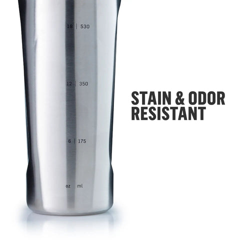 Close-up of Radian Shaker Cup Insulated Stainless Steel Water Bottle with measurement markings and stain odor resistant text