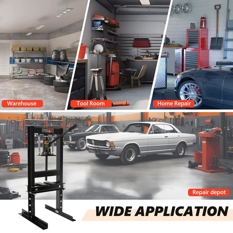 6 Ton Hydraulic Shop Press With Heavy Duty H Frame For Bearing Installation And U Joint Press in a garage setting, repair depot