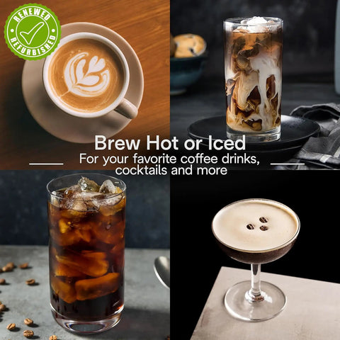 Assorted coffee drinks including cappuccino, iced coffee, and espresso martini, highlighting coffee versatility with La Specialista Opera Espresso Machine With Cold Brew Built In Grinder 15 Settings For Single Or Double Dose Barista Level Steam Wand Delivers Smooth Micro Foam For Lattes And More EC9555M Renewed.