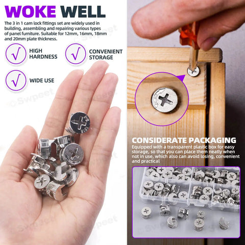 100 Piece Tough As Nails Cam Lock Furniture Connector Kit With Four Sizes for securing wooden panels and convenient storage.