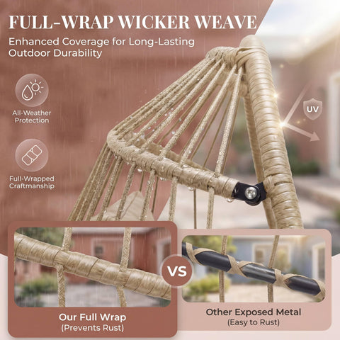Indoor Outdoor Wicker Hanging Egg Chair With Stand Cozy Patio Swing Hammock Egg Shell Chair With Cushions 350 Lb Capacity Sturdy Porch Swing For Backyard Balcony Beige showing full-wrap wicker weave detail