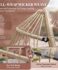 Detail of wicker weave on the hanging egg chair with stand for indoor and outdoor use, showing full-wrap craftsmanship.