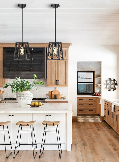 Farmhouse Pendant Light With Metal Wire Cage In Matte Black Vintage Geometric Hanging Lantern Style 1 Light Fixture in kitchen