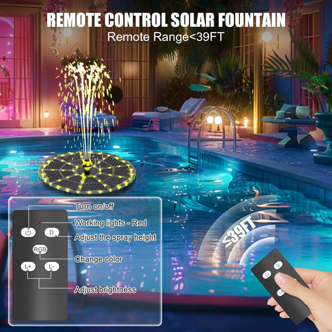 Remote Control Solar Fountain With Dope Colorful Lights For Bird Bath And Garden, 4000mAh Battery, 7 Nozzles, 4 Fixers