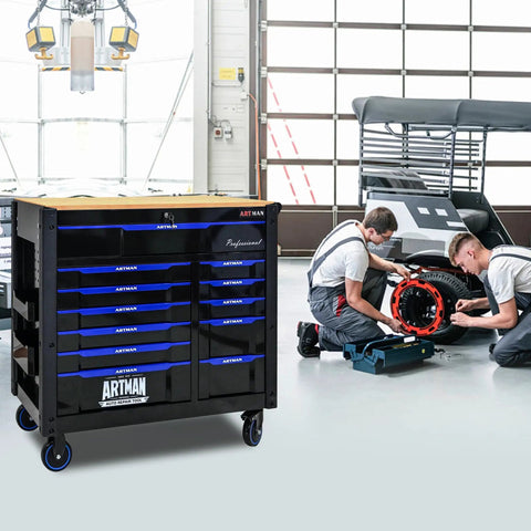 Heavy Duty Rolling Tool Chest With 12 Drawers Mechanic Tool Box On Wheels Beefy Mobile Storage Cabinet And Workbench For Garage Workshop Warehouse And Repair Shop With Solid Wood Top, black steel with oak top
