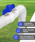 Three Fourth Inch PVC Ball Valve With No Fuss Easy Turn Blue T Handle SCH40 Slip Socket Shutoff shown installed outdoors