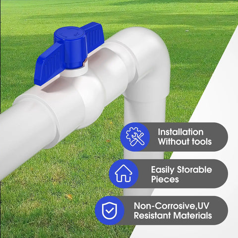 Three Fourth Inch PVC Ball Valve With No Fuss Easy Turn Blue T Handle SCH40 Slip Socket Shutoff shown installed outdoors