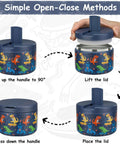 Instructions for 12Oz Insulated Vacuum Food Jar With Buckle Lid For Hot Food Wide Mouth Thermo Lunch Container Leakproof Stainless Steel Kids Lunch Jar Blue Dinosaur Design Ideal For School And On The Go showing open-close methods.