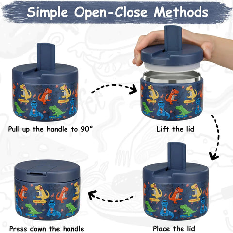 Instructions for 12Oz Insulated Vacuum Food Jar With Buckle Lid For Hot Food Wide Mouth Thermo Lunch Container Leakproof Stainless Steel Kids Lunch Jar Blue Dinosaur Design Ideal For School And On The Go showing open-close methods.