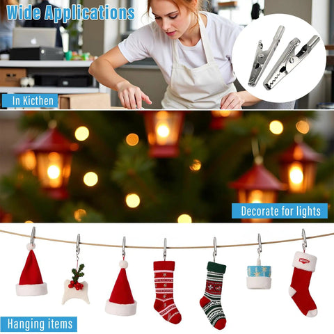 Heavy Duty 50mm Metal Alligator Clips 50 Pack used for kitchen, hanging items, and decorating lights with strong grip