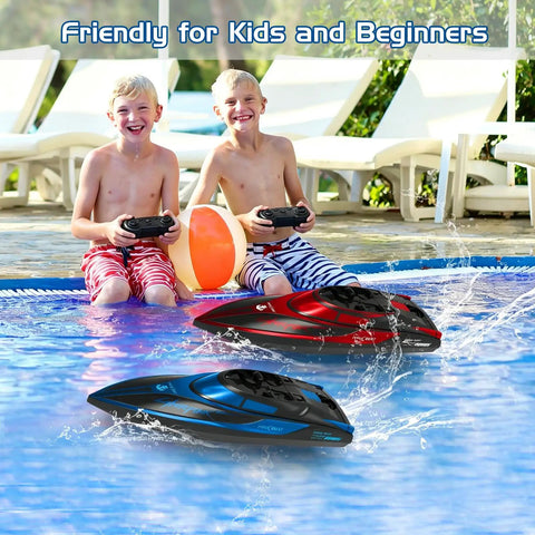 Two kids enjoy Two Pack Remote Control RC Boats For Pool Lake And River With LED Lights Waterproof Self Righting Fast Speed Racing Electric Boats Toy For Kids Ages 8 9 10 Years Old in a pool.