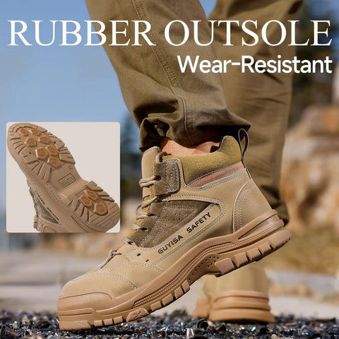 Men's Steel Toe Boots For Work Puncture Resistant With Kevlar Midsole Lightweight Safety Shoes For Construction Warehouse Factory Brown Size 9.5 Built Tough For All Day Comfort And Impact Protection showing rubber outsole detail.