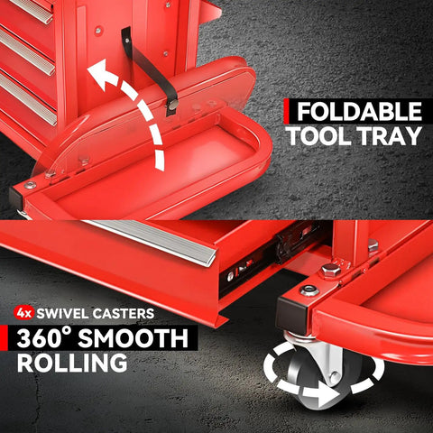 Close-up of foldable tool tray and swivel casters on 3-Drawer Rolling Mechanic Seat With Tool Tray And Storage, Heavy Duty Metal Frame
