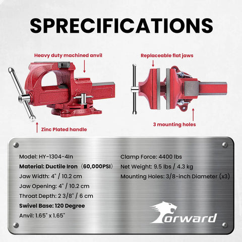 Beefy 4 Inch Bench Vise With Ductile Iron Jaw 2 3 8 Inch Throat Anvil Swivel Base specifications and key features