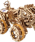 NASA Manned Mars Rover 3D Wooden Puzzle Kit for Adults Mechanical Build With Spring Drive 6x6 All Wheel Drive Independent Suspension Cab for Two Astronauts Rotating 360 Dish DIY Wood Model Craft wooden rover, front view