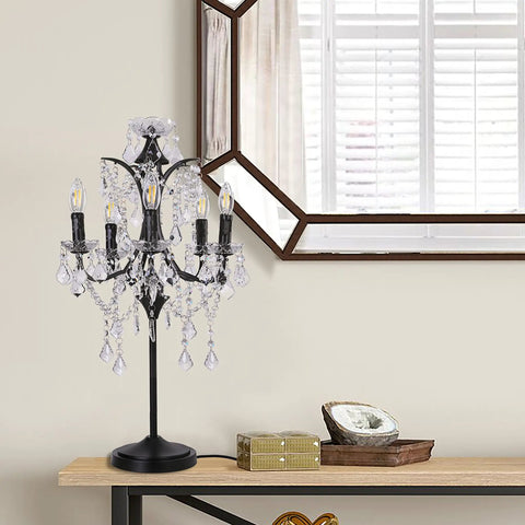 Dope Farmhouse Crystal Table Lamp With Five Candelabra Lights Black Finish 30 Inches Tall shown on wooden table.