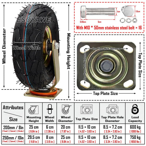Heavy Duty Pneumatic Swivel Caster Wheels 4 Pack with 8-inch rubber tires and steel mounting plate for carts and dollies.