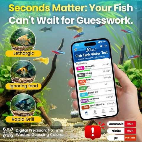 App Enabled Digital Aquarium Water Test Kit 10 In 1 For Freshwater And Saltwater Tanks With Easy Strips Checks Ammonia Nitrite Nitrate PH GH KH Chlorine And More For Fish Shrimp And Reefs app interface on smartphone against aquarium.