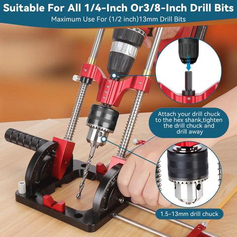Portable Multi Angle Drill Guide For Precise Angled Holes, Adjustable 0 To 60 Degrees, shown with drill bit and chucks
