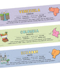 Venezuela, Colombia, Ecuador country labels from Must Have 21 Spanish Language Geography Countries Placard Label Set For Classroom Learning Great For Pre K Through 12 Students And Teachers 12 By 3 Inches Made In USA, showcasing maps and capitals.