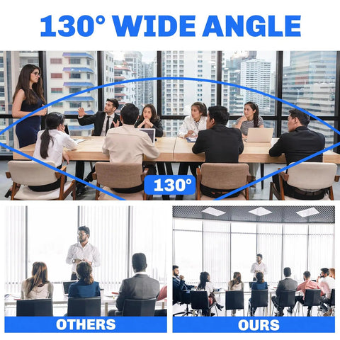 Image showing two conference room setups with 130-degree wide-angle lens view, highlighting difference between standard and wide-angle capture.