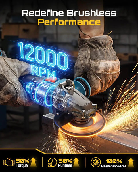 Flathead Brushless Cordless Angle Grinder Kit With Five Amp Hour Battery And Fast Charger in use at 12000 RPM