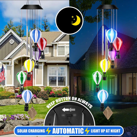 Solar Wind Chimes Outdoor Decor With Hot Air Balloon Lights Waterproof Garden Patio Lighting Lit At Night Perfect Gift For Mothers Day Mom Grandma Birthday; multicolor chimes in day and night view against a house backdrop