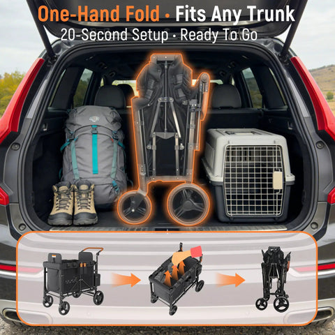 Car trunk with folded Double Wagon Stroller For Two Kids With Canopy And Removable Seat Pads One Hand Fold and luggage.