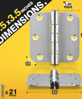 Front view KOLET brushed nickel ball-bearing door hinge, 3.5 in, 5/8 in radius, 3-pack with 21 screws
