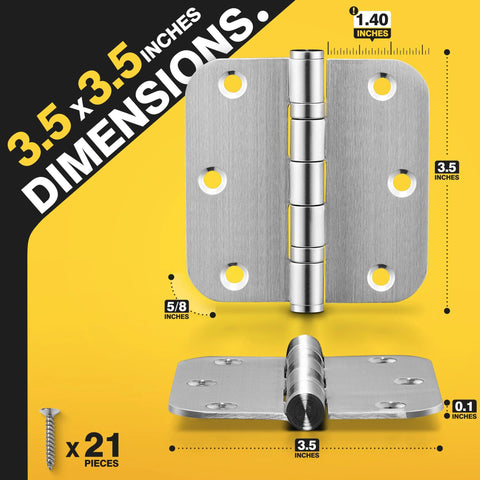 Front view KOLET brushed nickel ball-bearing door hinge, 3.5 in, 5/8 in radius, 3-pack with 21 screws