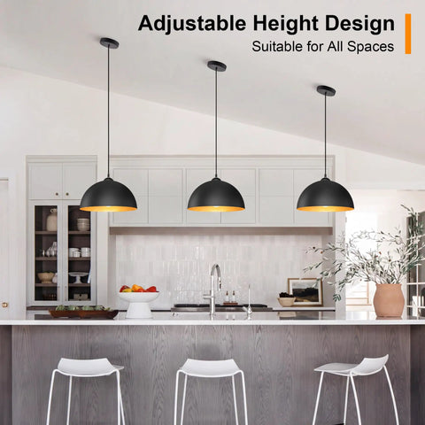 Esfos 11.8" Black and Gold Pendant Lights Kitchen Island, 3 Pack Chandelier hanging above a kitchen island with adjustable height.