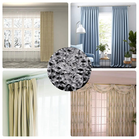 100 Pack Clear Plastic Roman Blind Curtain Rings Slick O Ring Clip Loops Heavy Duty Transparent Window Treatment Hardware in use with curtains.