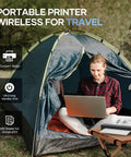Game Changing Portable Bluetooth Printer With No Hassle Inkless Thermal Tech For Dang Quick US Letter Paper High Speed 300Dpi Imaging Black Compact Mobile Solution Suits Road Trips Workspaces And Daily Commutes in a tent with a user on a laptop.