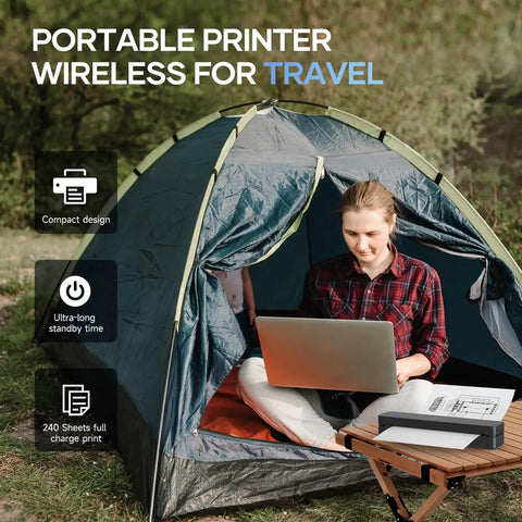 Game Changing Portable Bluetooth Printer With No Hassle Inkless Thermal Tech For Dang Quick US Letter Paper High Speed 300Dpi Imaging Black Compact Mobile Solution Suits Road Trips Workspaces And Daily Commutes in a tent with a user on a laptop.