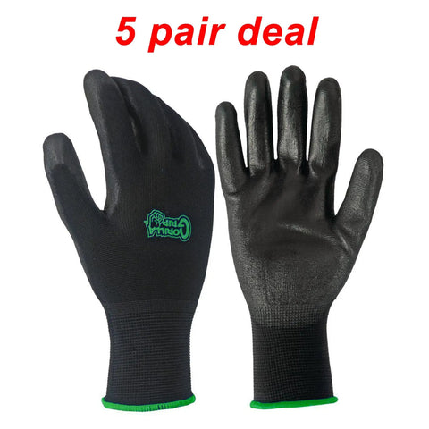 5 Pack Grippy Work Gloves Small Black Durable All Purpose Gear For DIY Projects Home Improvement Gardening Landscaping And Everyday Tasks With Comfortable Fit And Strong Grip For Hand Protection shown front and back