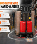 Walkie Pallet Stacker Semi Electric 3300 Lb Capacity 94 Inch Lift Height 48 Volt Battery Powered with 55.5 in turning radius.
