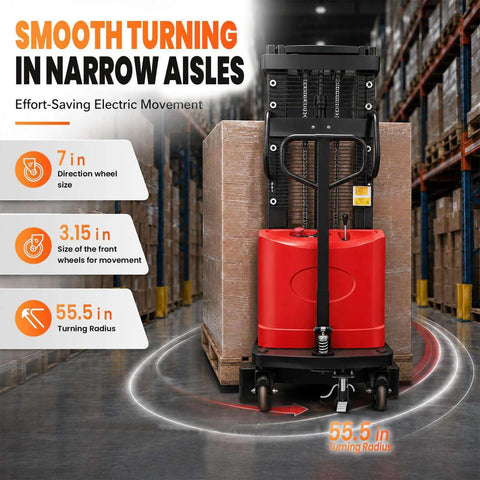 3300 Lbs Semi Electric Pallet Stacker No Sweat Operation With 48V Battery Powered Lift and Heavy Duty Carbon Steel Frame in warehouse aisle.