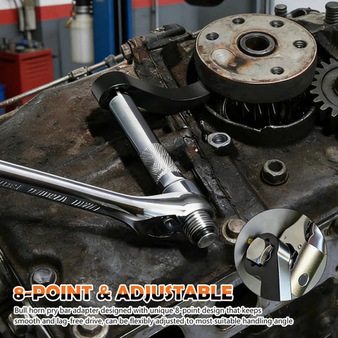 Heavy Duty Half Inch Drive Pry Bar Wrench Adapter with 8 Point Bull Horn Ratchet Attachment on an engine for CV axle removal.
