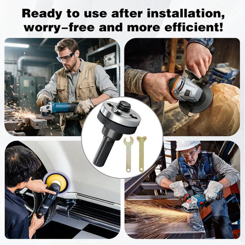 Drill To Angle Grinder Conversion Kit With Connecting Rods Dual Pack Attachments Ten Drill Arbor Mandrels Replacement Flange Nuts And Spanner Wrench 10mm Adapter in use by various workers showing grinding and polishing