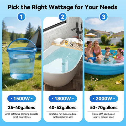 Comparison of water heater wattages suitable for small buckets, bathtubs, and inflatable pools for Top Tier 2000 Watt Titanium Immersion Water Heater With Easy Spin Temperature Dial And Built In GFCI Safety Plug For Slick Tank Heating And Bully Proof Rust Resistant Core.