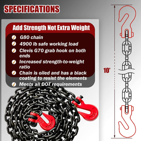 G80 Transport Binder Chain Five Sixteenth Inch Ten Foot With Clevis Grab Hooks For Beefed Up Heavy Duty Tow And Tie Down Securement 4900 Lbs Safe Working Load Binding Equipment coiled and detailed